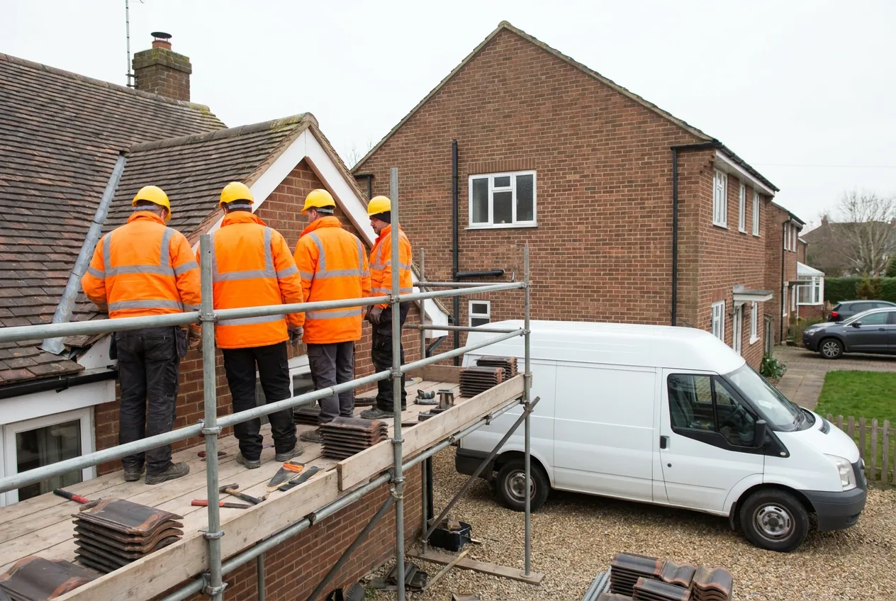 The Halstead Roofing crew on a scaffolded job in Stockport