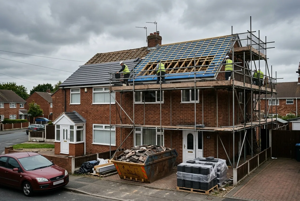 Mock-Tudor 1930s semis with steep tiled roofs in Bramhall, SK7