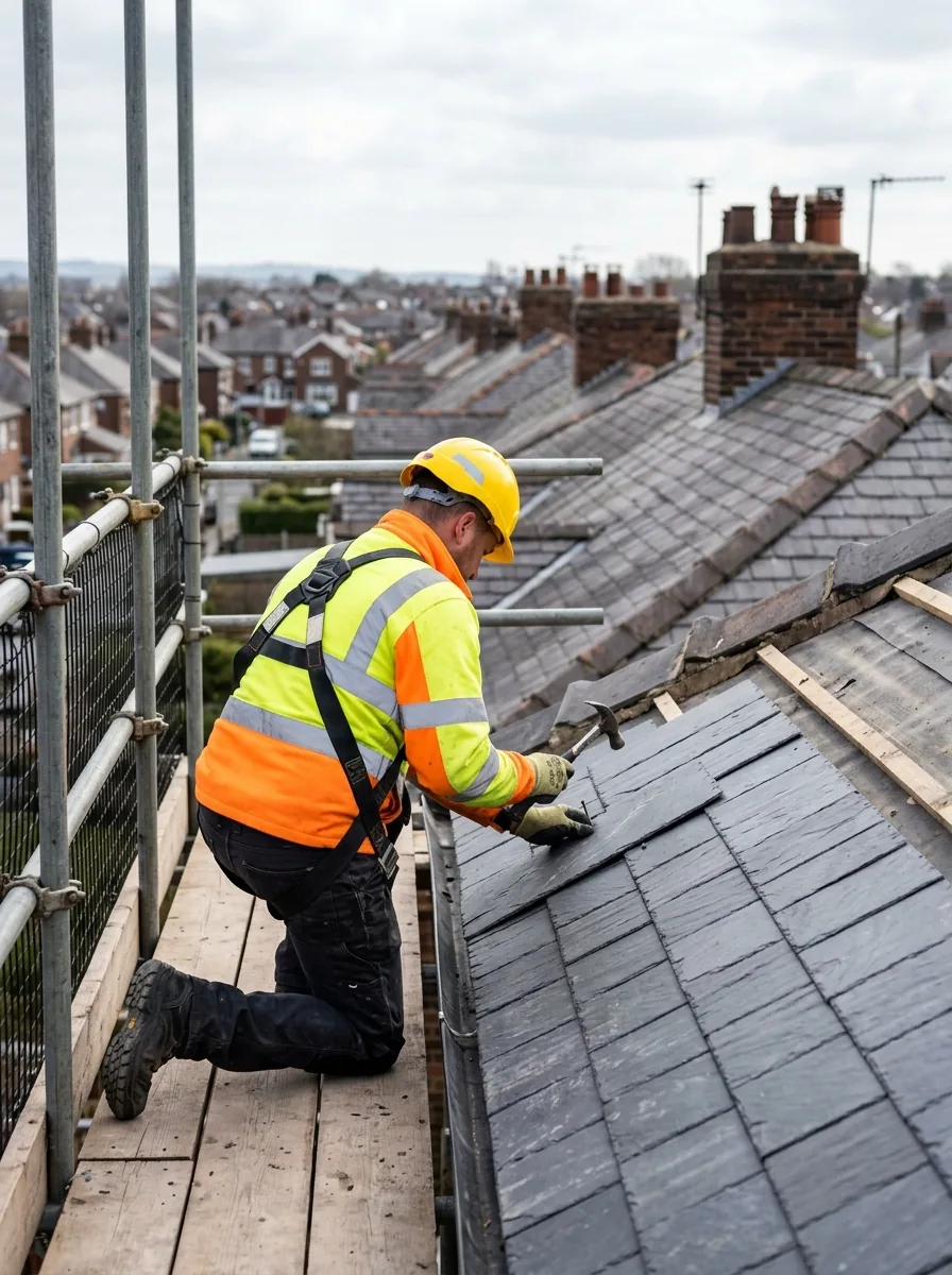Halstead Roofing roofer laying natural slate on a pitched roof in Stockport