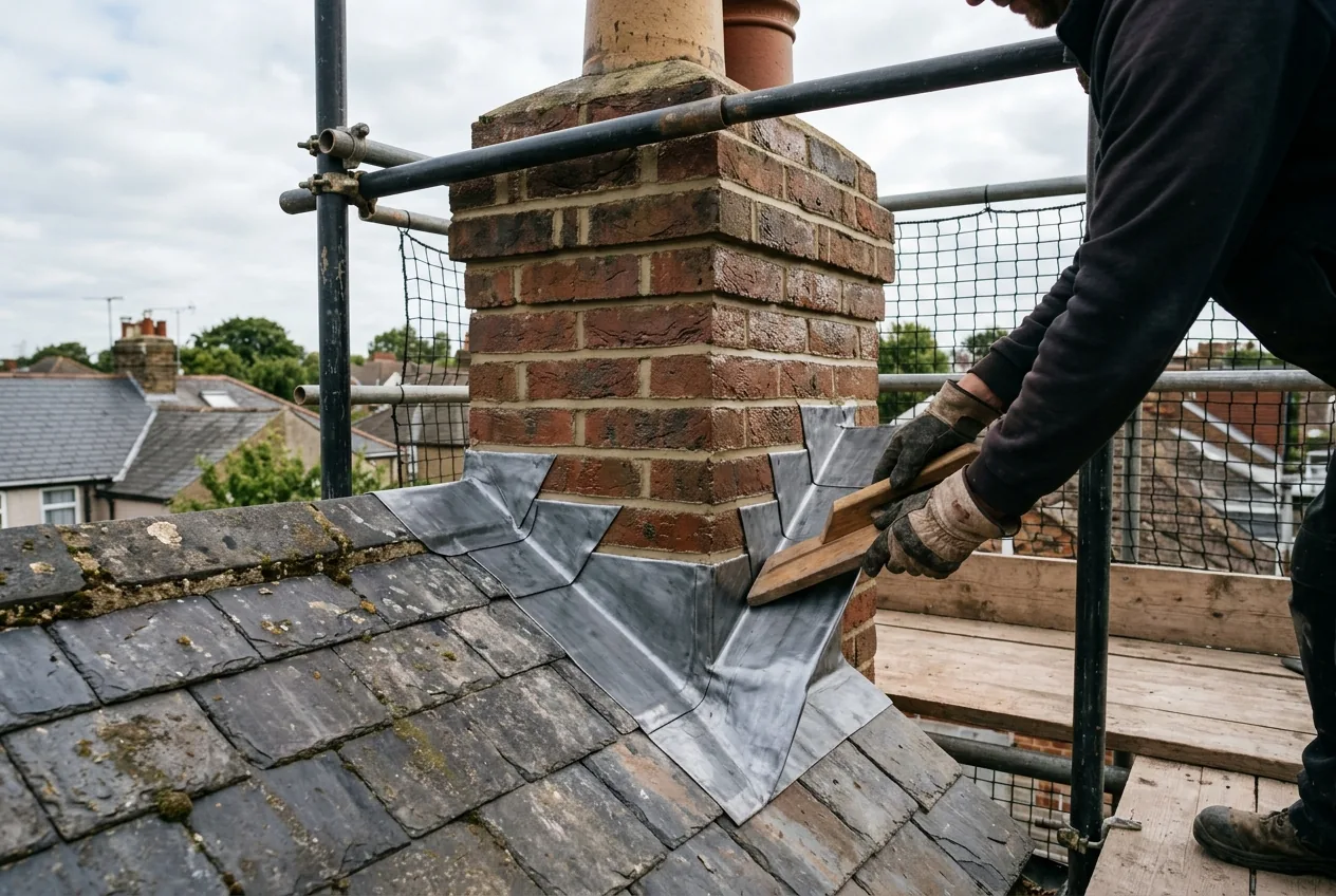 Storm-damaged roof made safe with secured sheeting during an emergency callout