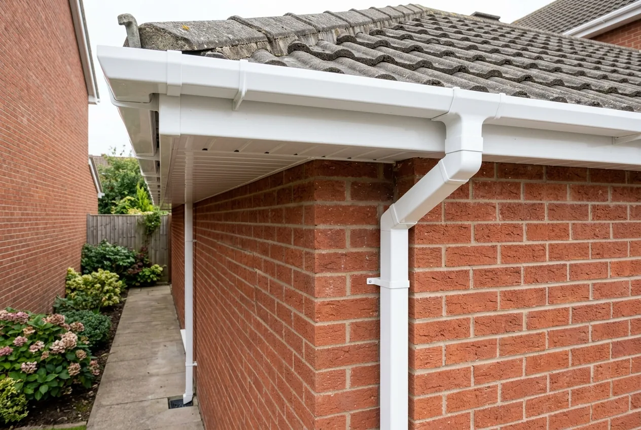 New white uPVC guttering, fascias and soffits fitted on a Stockport home